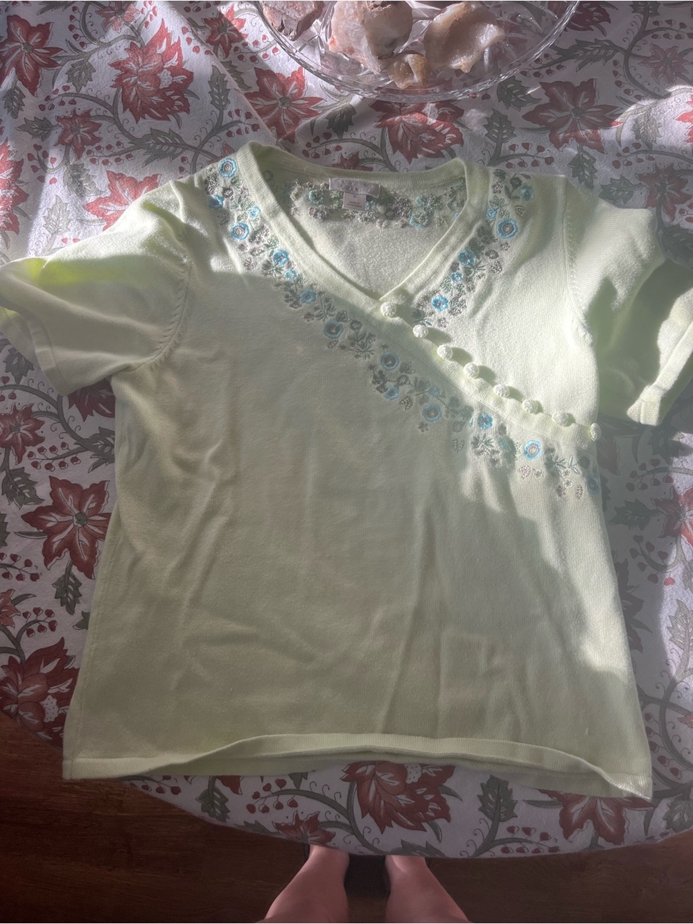 Christopher & Banks Light Green Embroidered V-Neck Tee